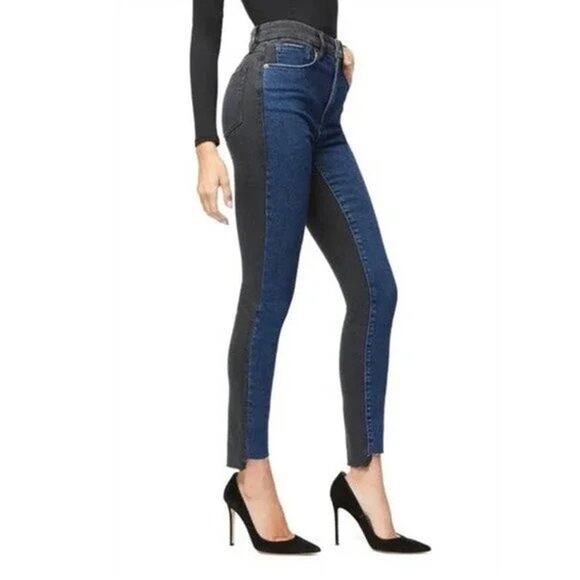 Good American Good Waist Contrast Panel Jeans Black Blue Color Block Sz 28 NEW - Picture 1 of 14